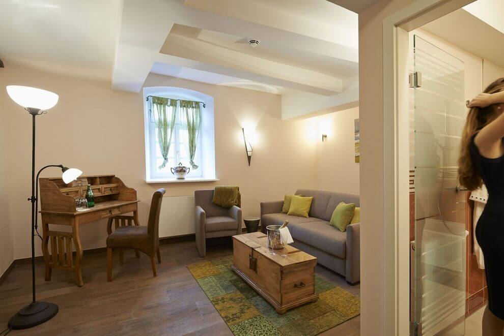 Blick auf das Schlafsofa und den Wohnbereich der Suite Deluxe.